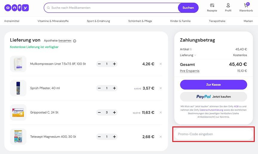 Screenshot aus dem Warenkorb mit Hinweis darauf, wo du den Onfy Gutschein einlösen kannst.