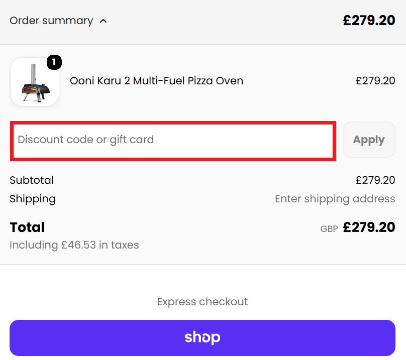 Ooni discount code box during checkout