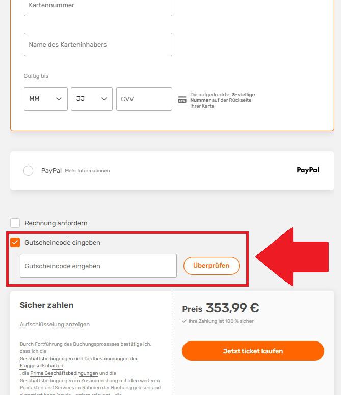 Screenshot vom Eingabefeld für den Opodo Gutscheincode
