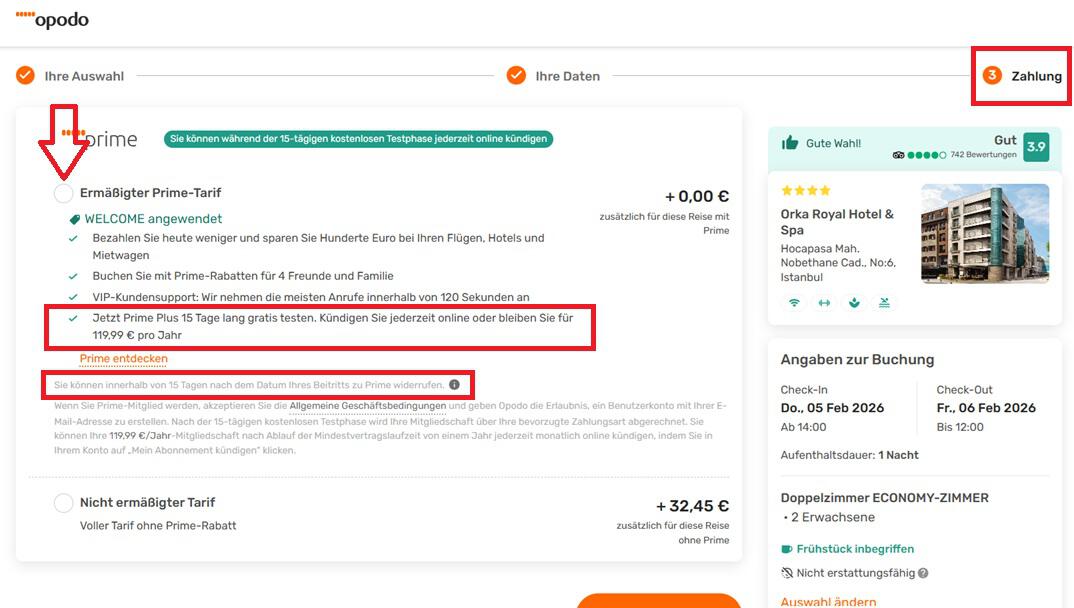 Auswahlmöglichkeit zum 15-tägigen Probezeitraum von Opodo Prime im Buchungsprozess