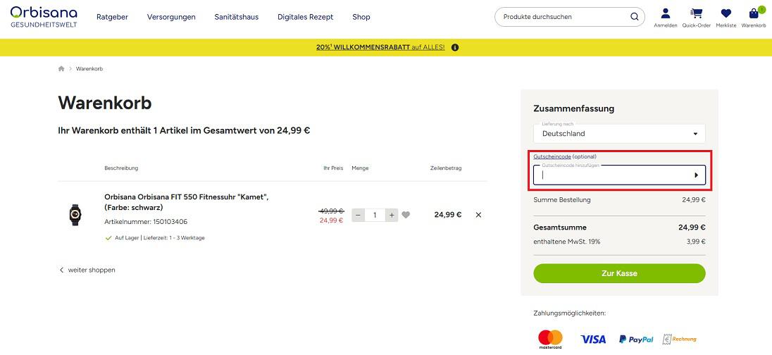 Screenshot aus dem Warenkorb mit Hinweis darauf, wo du den Orbisana Gutschein einlösen kannst