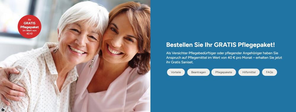 Frau mit ihrer älteren Mutter auf Banner für das kostenlose Pflegepaket von Orbisana