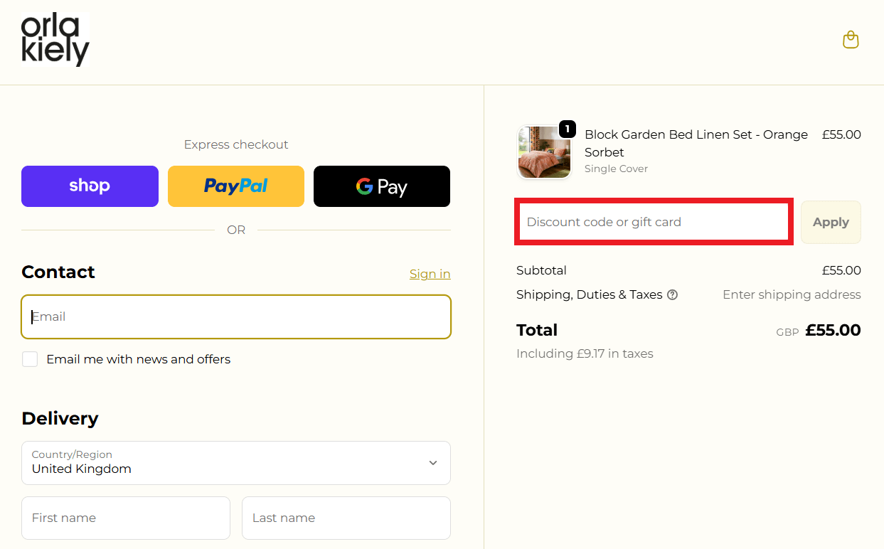 Orla Kiely discount code redemption box during checkout image