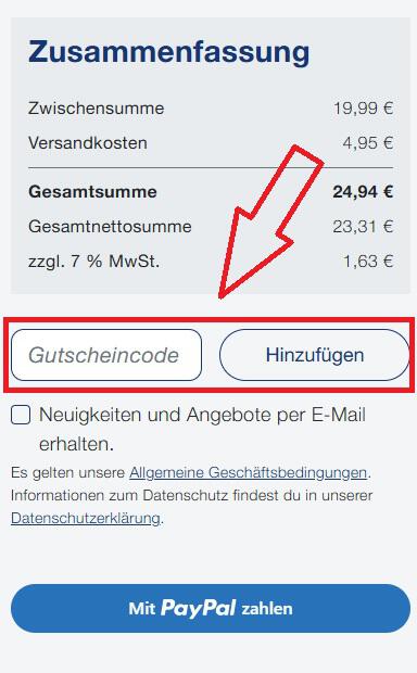 Screenshot vom Eingabefeld mit Hinweis darauf, wo du deinen Orthomol Gutschein einlösen kannst