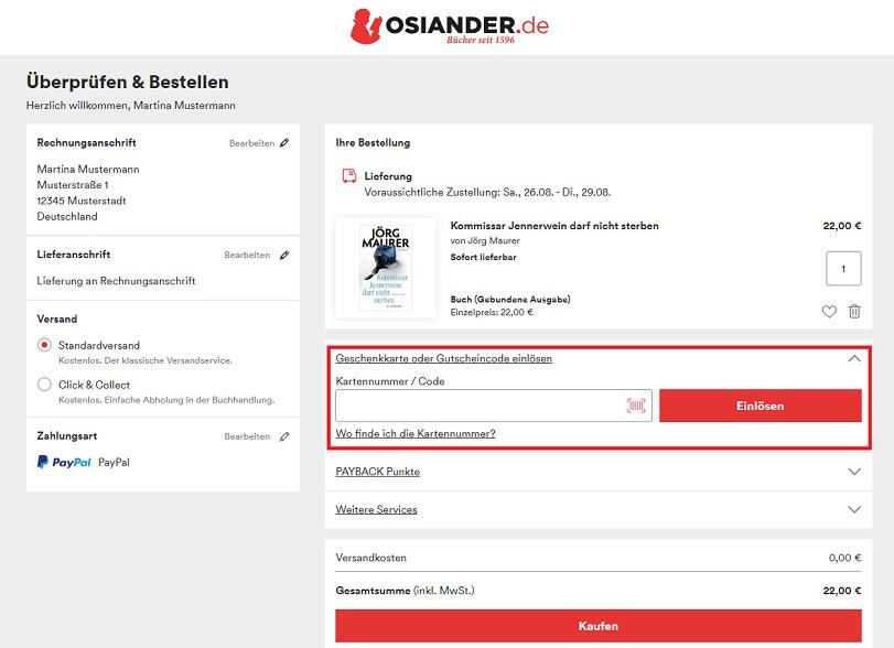 Screenshot aus dem Warenkorb mit Eingabefeld, wo du den Osiander Gutschein einlösen kannst