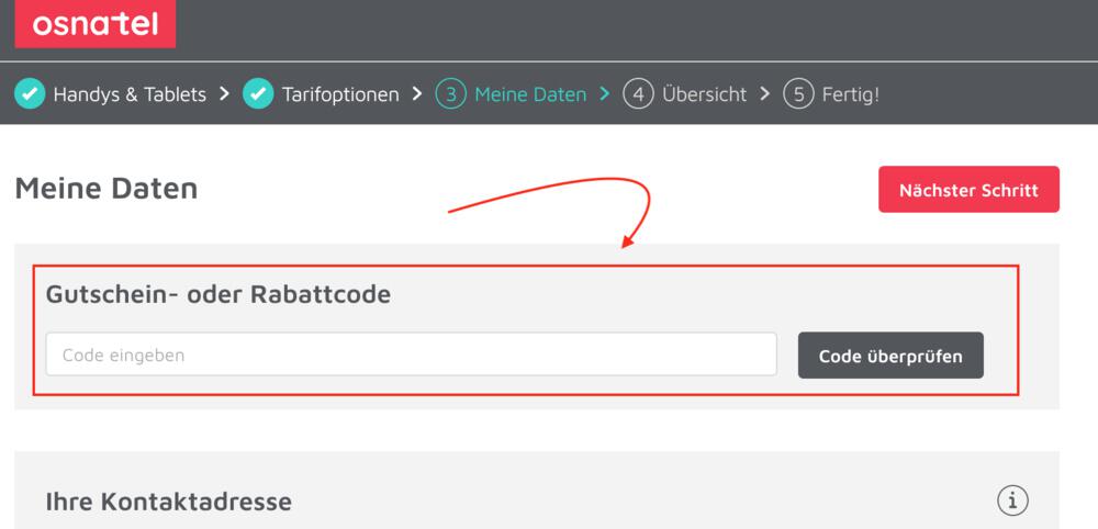 Screenshot mit Eingabefeld für deinen Osnatel Gutschein