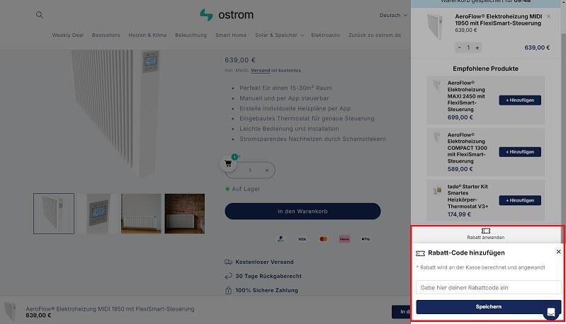 Screenshot aus dem Warenkorb mit Hinweis darauf, wo du den Ostrom Gutschein einlösen kannst