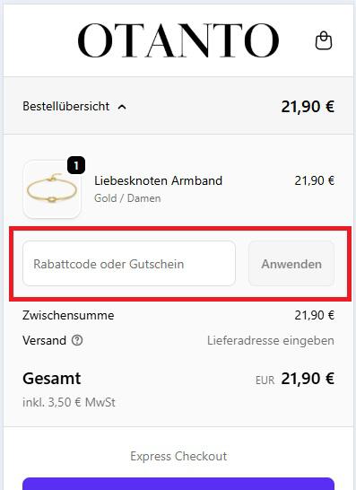 Eingabefeld für einen OTANTO Gutschein