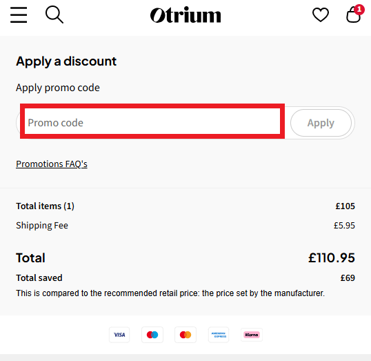 Otrium discount code box in the shopping cart