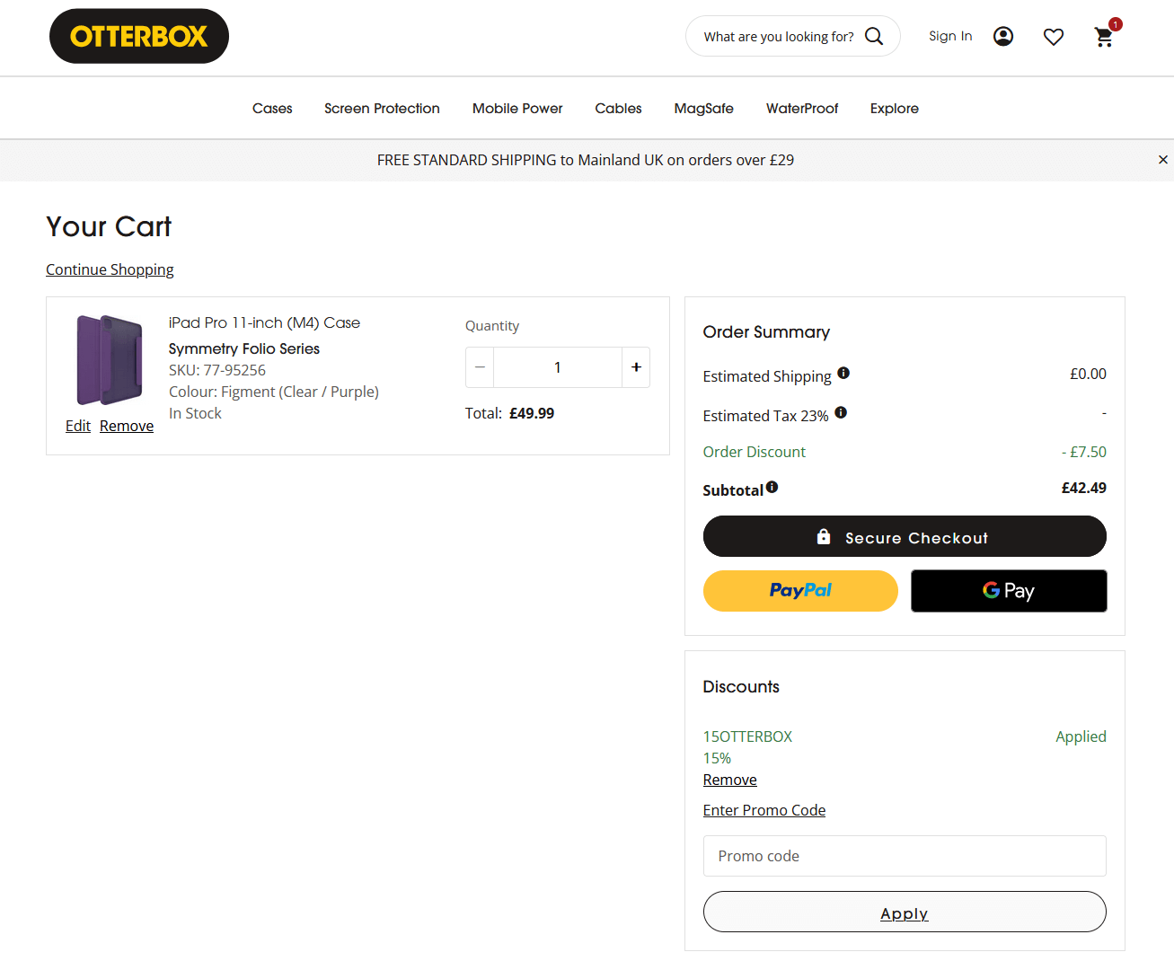 Screenshot of the Otterbox discount code box at checkout on the OtterBox website