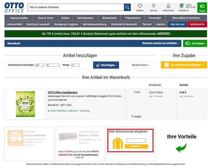 Screenshot aus dem Warenkorb mit Hinweis darauf, wo du den OTTO Office Aktionscode einlösen kannst