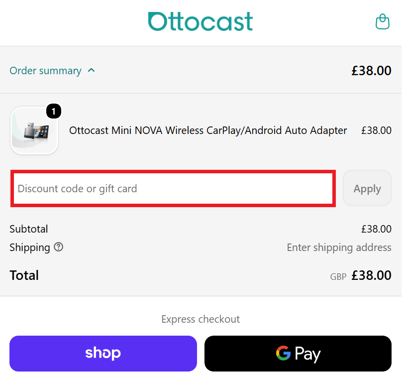 Ottocast discount code section on the checkout page image