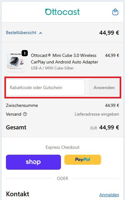 Ottocast Rabattcode an der Online-Kasse einlösen