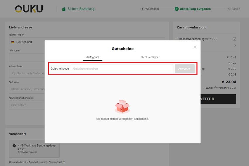 Screenshot aus dem Warenkorb Eingabefeld für Ouku Gutschein