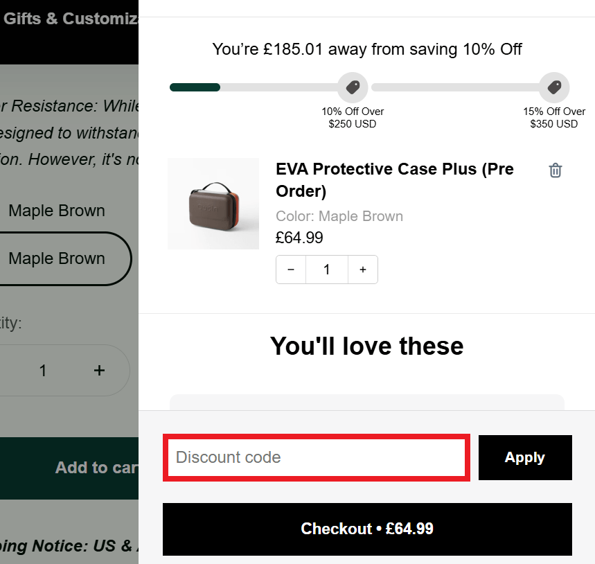 OutIn discount code box in shopping cart image