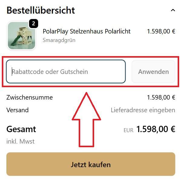 Screenshot vom Eingabefeld mit Hinweis darauf, wo du deinen OutdoorToys Rabattcode einlösen kannst