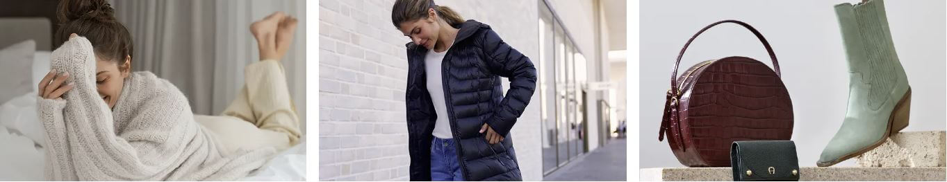 Banner für die OUTLETCITY Gutscheinseite mit Fotos für die Bereiche Strickmode, Outerwear und Schuhe & Taschen
