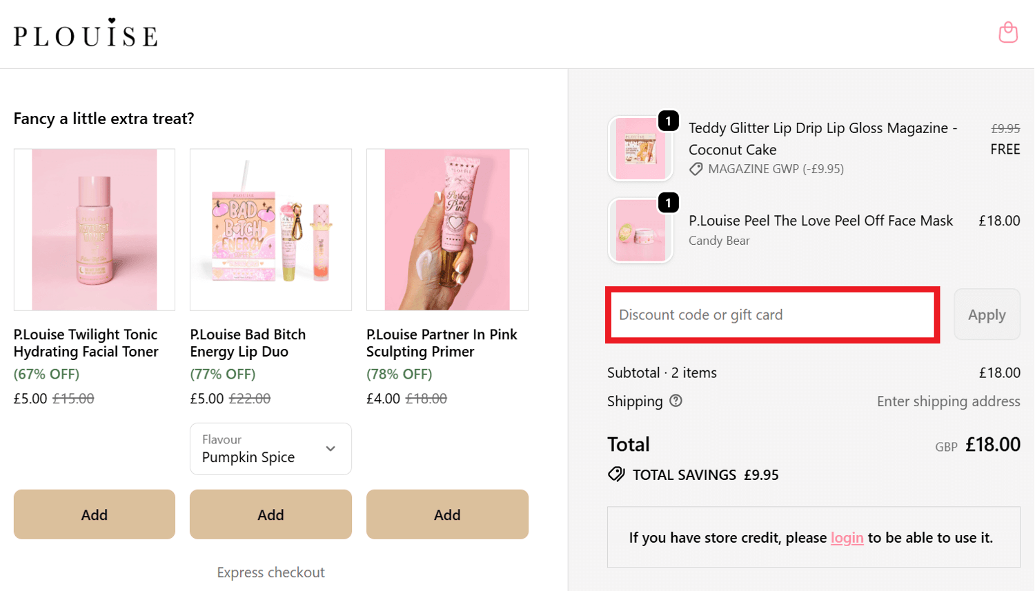 P.Louise discount code area in shopping basket image