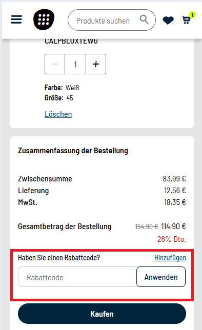 Eingabefeld für einen Padel Nuestro Rabattcode in der Warenkorbansicht