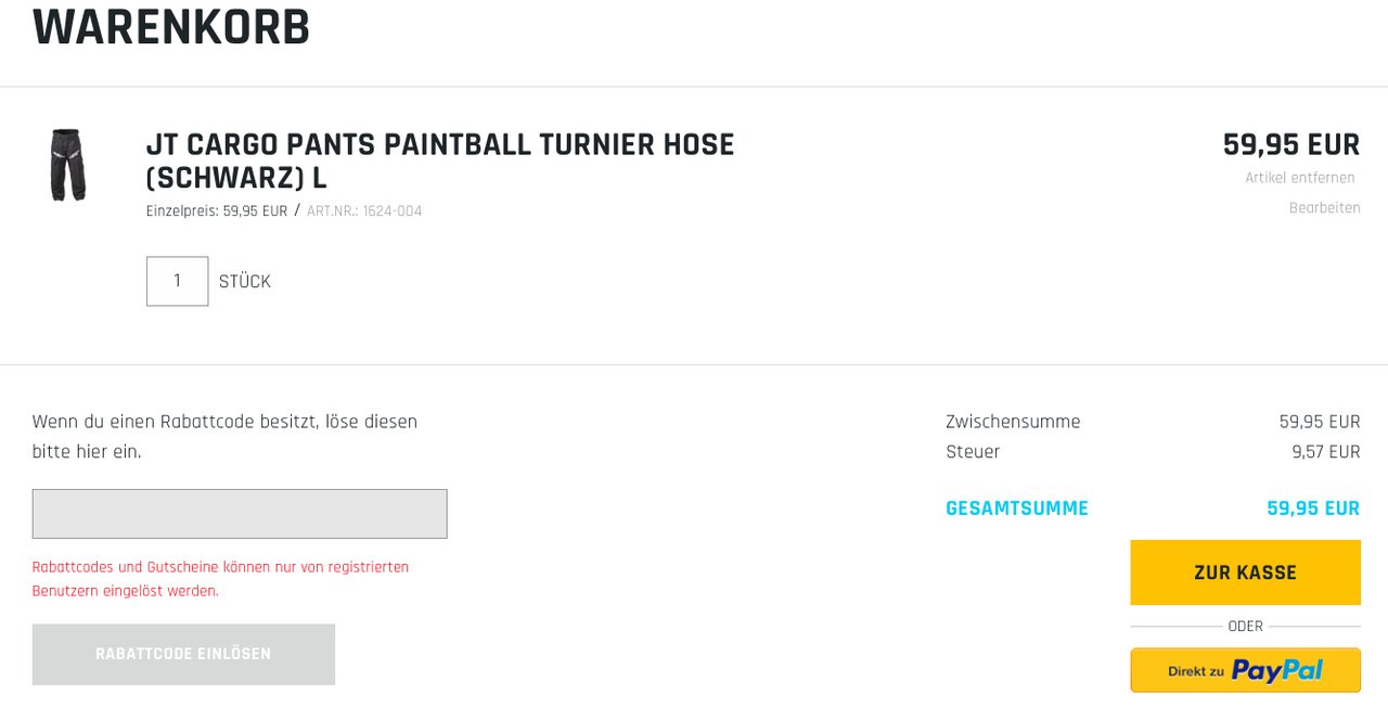 Screenshot der Warenkorbansicht mit Gutscheinfeld zum einfügen des Paintball-Sports-Gutscheins