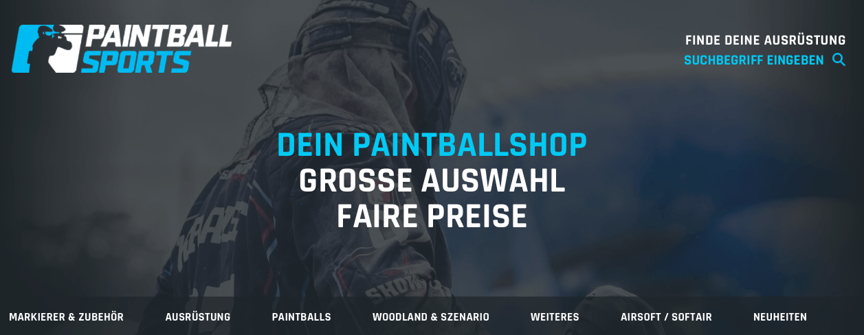 Screenshot des Paintball-Sports-Webshops mit Angeboten