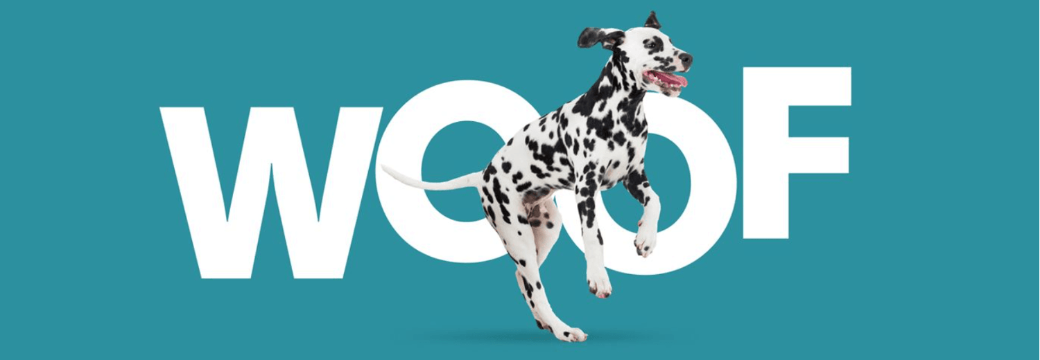 Paleo Ridge - Dalmatian dog jumping. Text says Woof