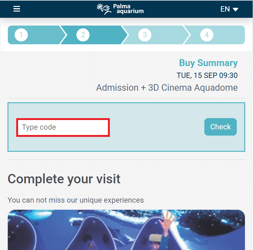 Palma Aquarium discount code box iduring booking process