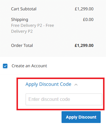 Panasonic discount code box on the checkout page