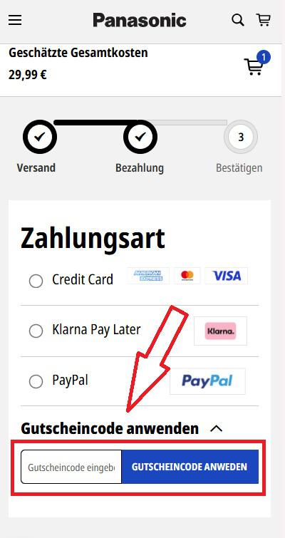 Screenshot vom Eingabefeld mit Hinweis darauf, wo du deinen Panasonic Gutschein einlösen kannst