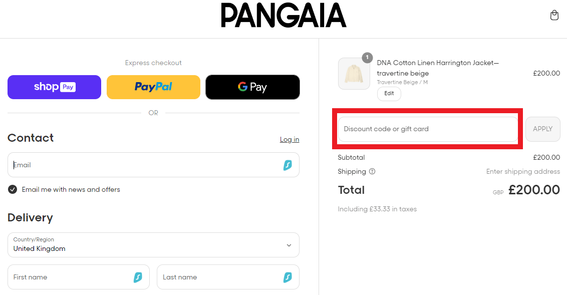 Pangaia discount code redemption box image