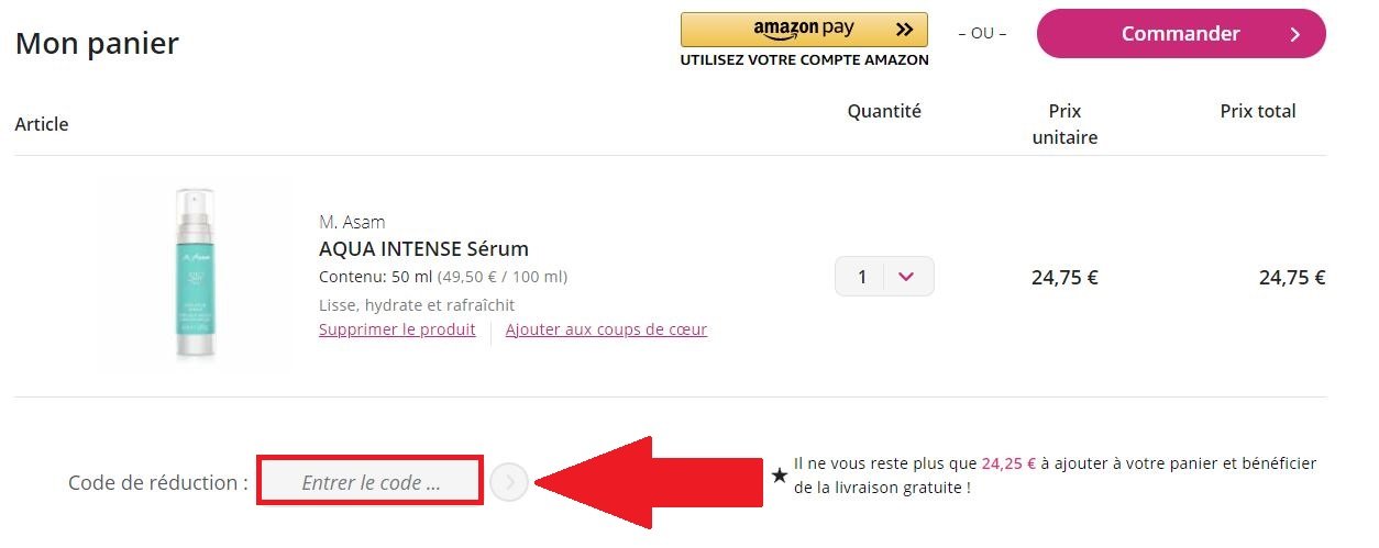 Panier de commande avec code promo Asambeauty