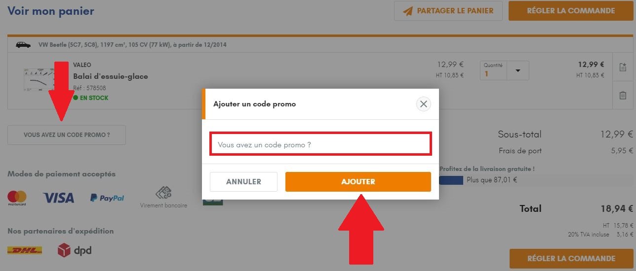 Panier de commande avec emplacement de code promo Carpardoo