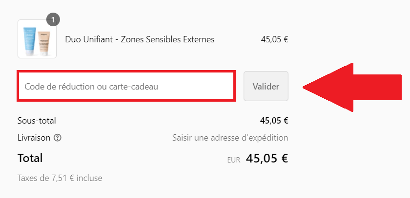 Panier avec encadré pour code promo Nubiance