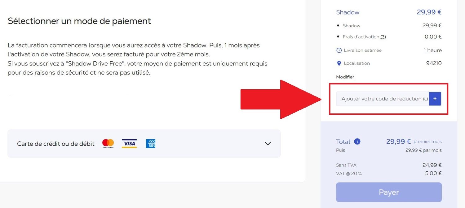 Emplacement pour code promo Shadow
