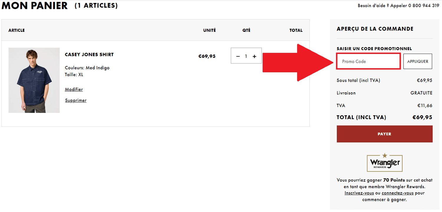 encadré dans le panier pour un code promo Wrangler