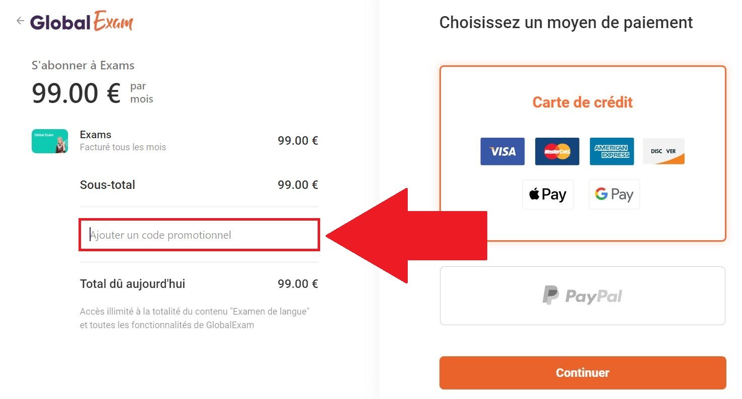 Emplacement pour code promo GlobalExam
