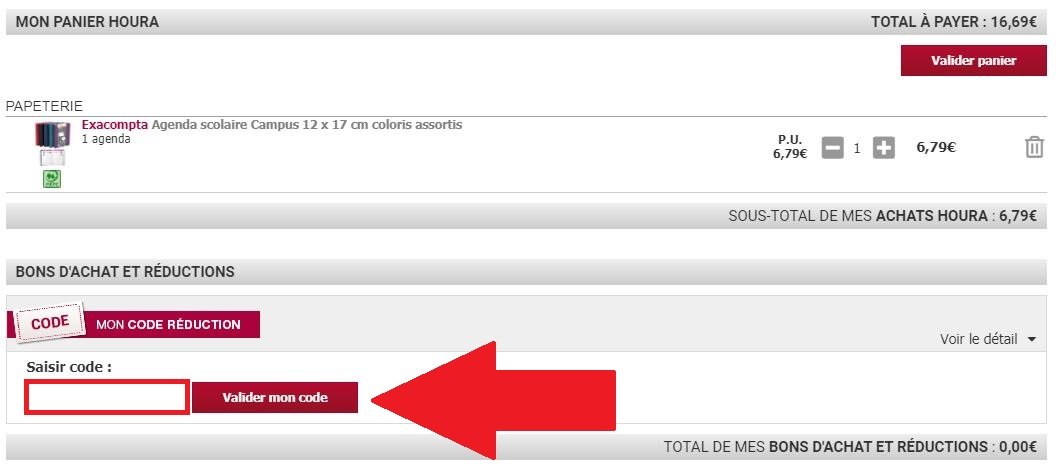 Panier de commande avec emplacement pour codes promo Houra