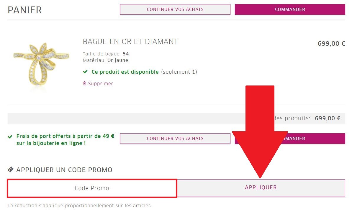 Panier de commande avec code promo Juwelo