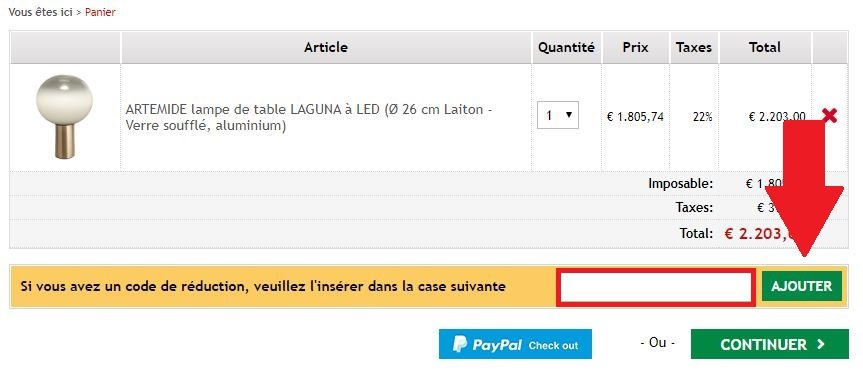 Panier de commande avec emplacement pour code promo MyAreaDesign