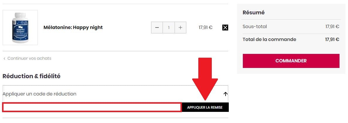 Panier virtuel avec emplacement de code promo Nutrilife Shop