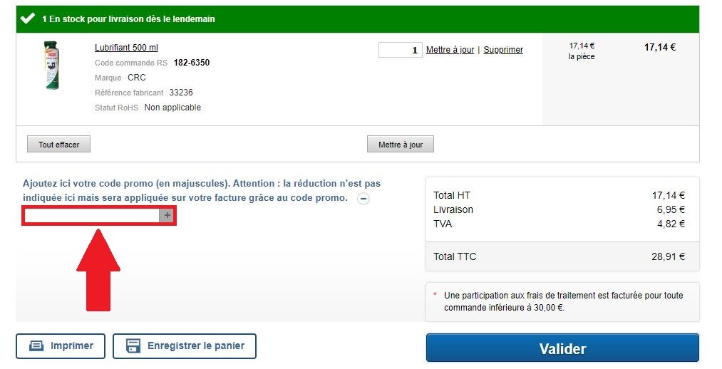 Panier d&apos;achat en ligne avec code promo RS Components