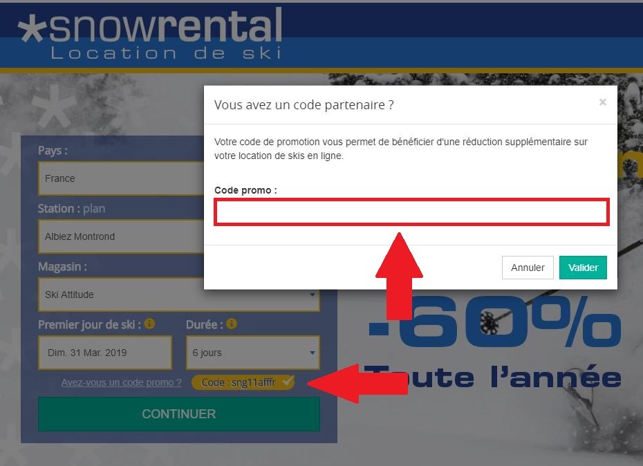 Panier réservation location de matériel de ski code promo Snowrental