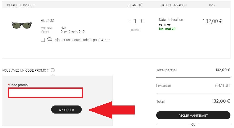 Panier de commande avec code promo Sunglass Hut