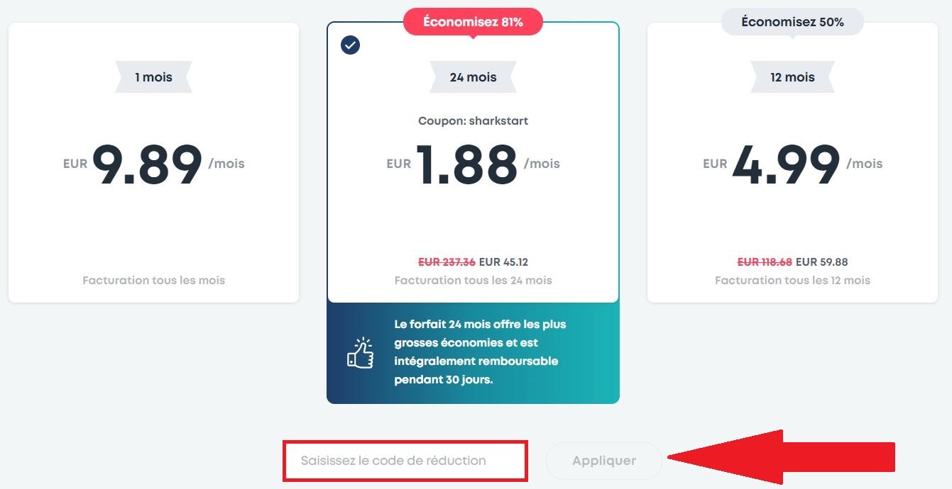 Panier avec emplacment pour codes promo Surfshark