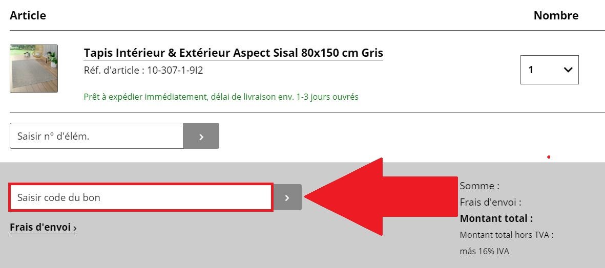 Panier de commande avec emplacement pour les codes promo Tapis24