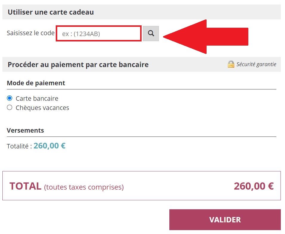 Emplacement de bon cadeau Thalasseo pendant réservation en ligne