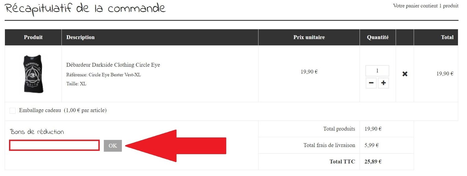 Panier de commande avec emplacement de code promo Vente Rock Privee