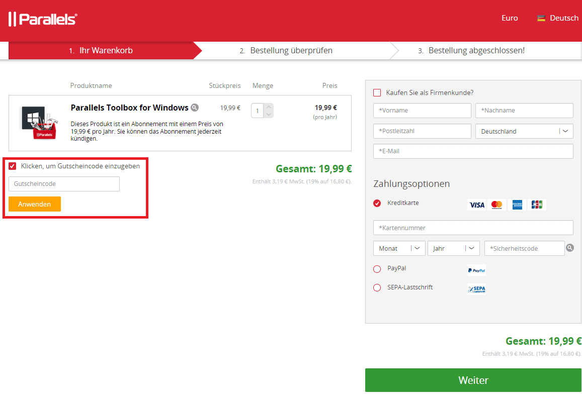 Screenshot vom Eingabefeld, wo du einen Parallels-Gutschein eingeben kannst