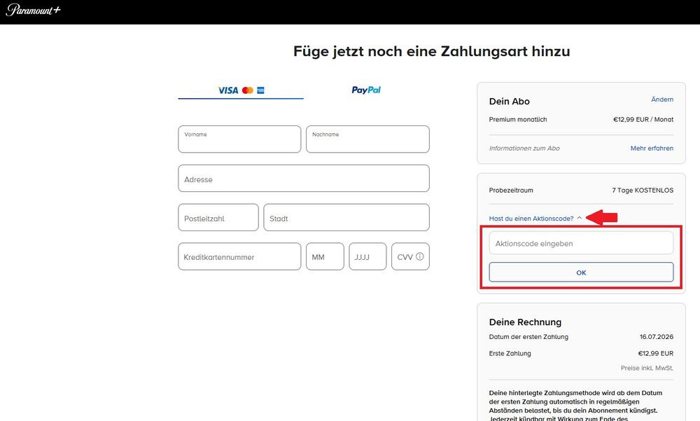 Eingabefeld für einen Paramount+ Aktionscode bei Abo-Abschluss