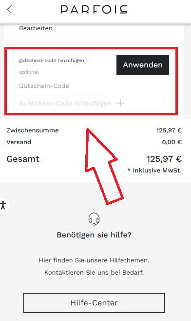 Screenshot vom Eingabefeld mit Hinweis darauf, wo du deinen Parfois Rabattcode einlösen kannst